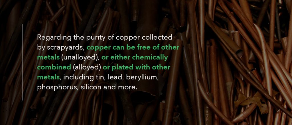 Pile of copper scrap with information about the purity of copper collected by scrap yards.