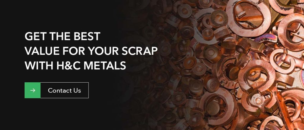 pile of copper scrap next to a CTA that says "Get the best value for your scrap with H&C Metals"